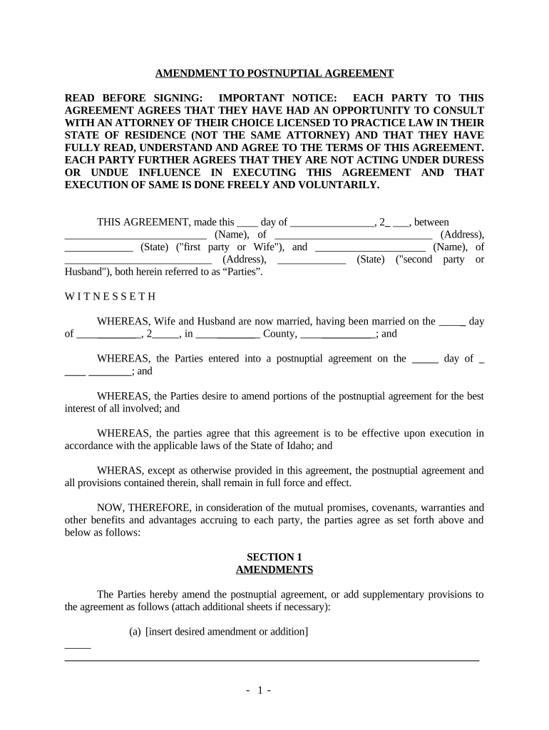 Amendment to Postnuptial Property Agreement - Idaho - Idaho Preview on Page 1