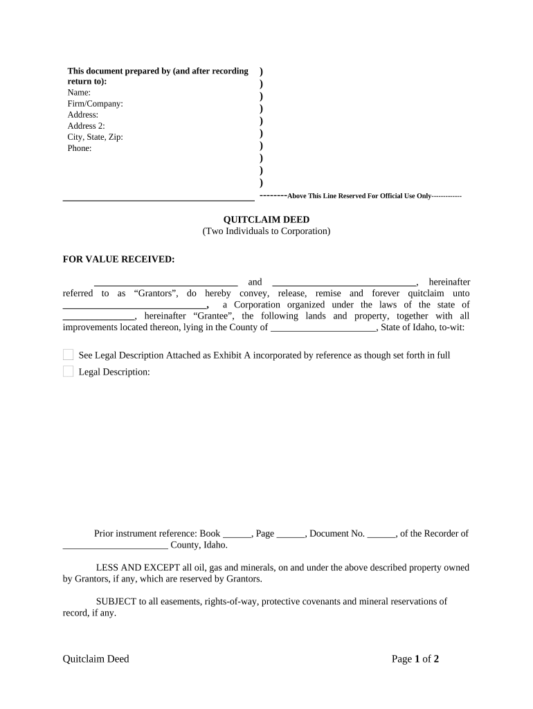 Quitclaim Deed by Two Individuals to Corporation - Idaho Preview on Page 1.