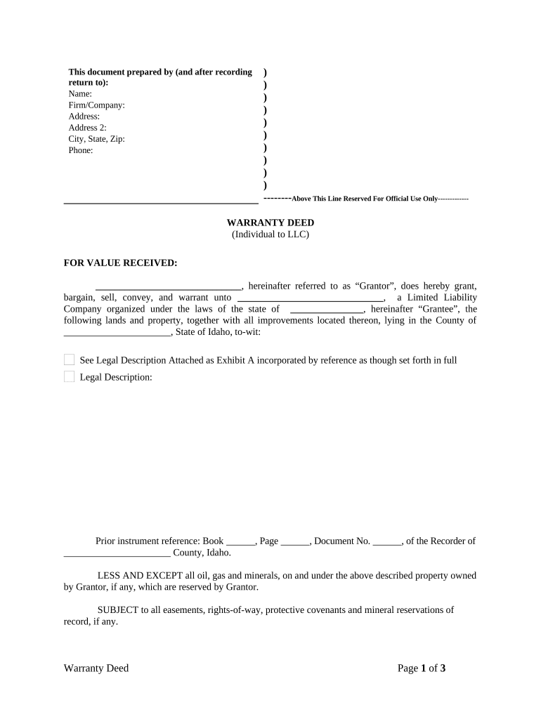 Warranty Deed from Individual to LLC - Idaho Preview on Page 1