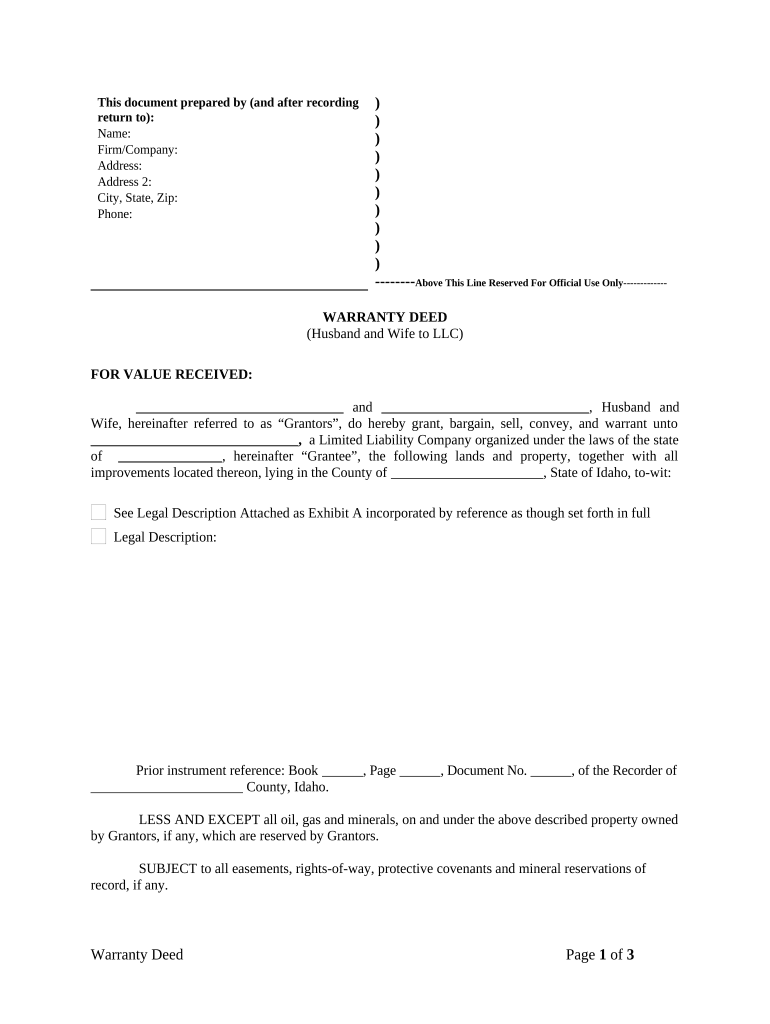 Warranty Deed from Husband and Wife to LLC - Idaho Preview on Page 1