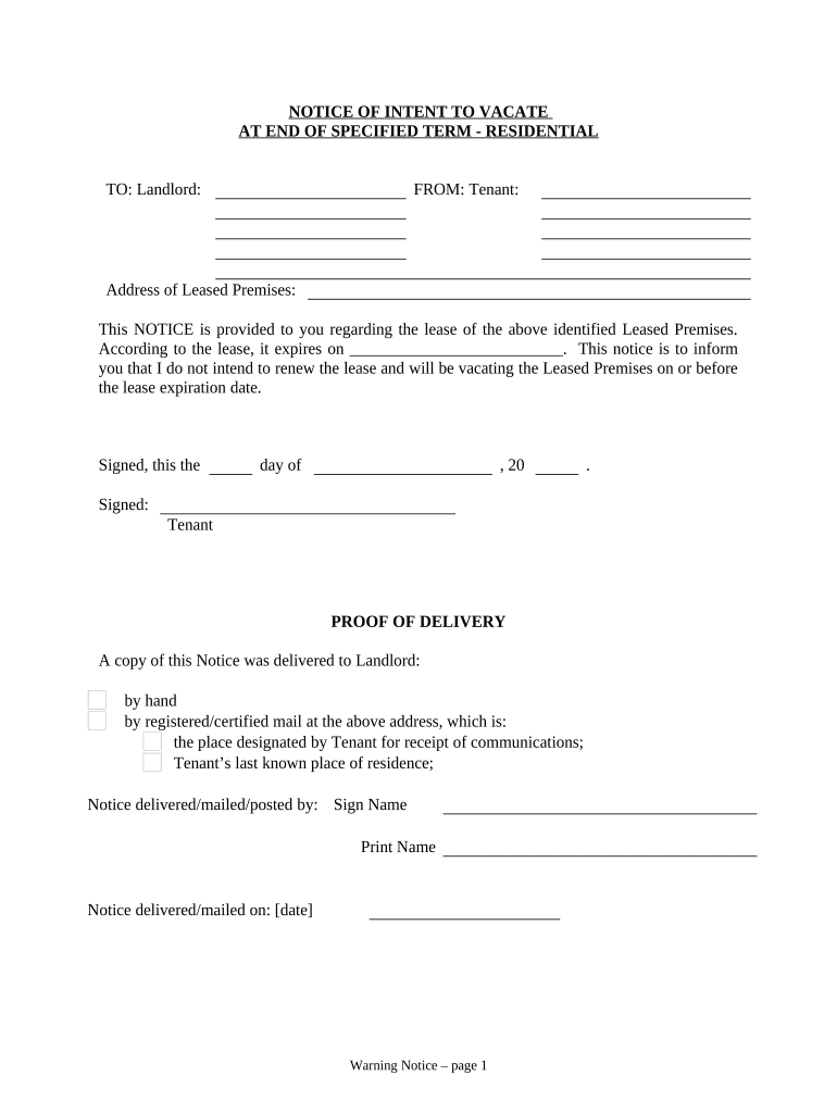 Notice of Intent to Vacate at End of Specified Lease Term from Tenant to Landlord for Residential Property - Idaho Preview on Page 1