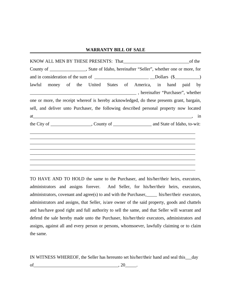 Bill of Sale with Warranty by Individual Seller - Idaho Preview on Page 1