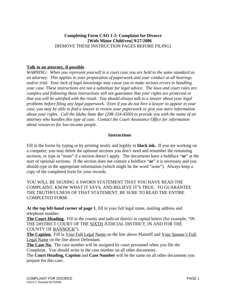 Complaint for Divorce - Idaho Preview on Page 1