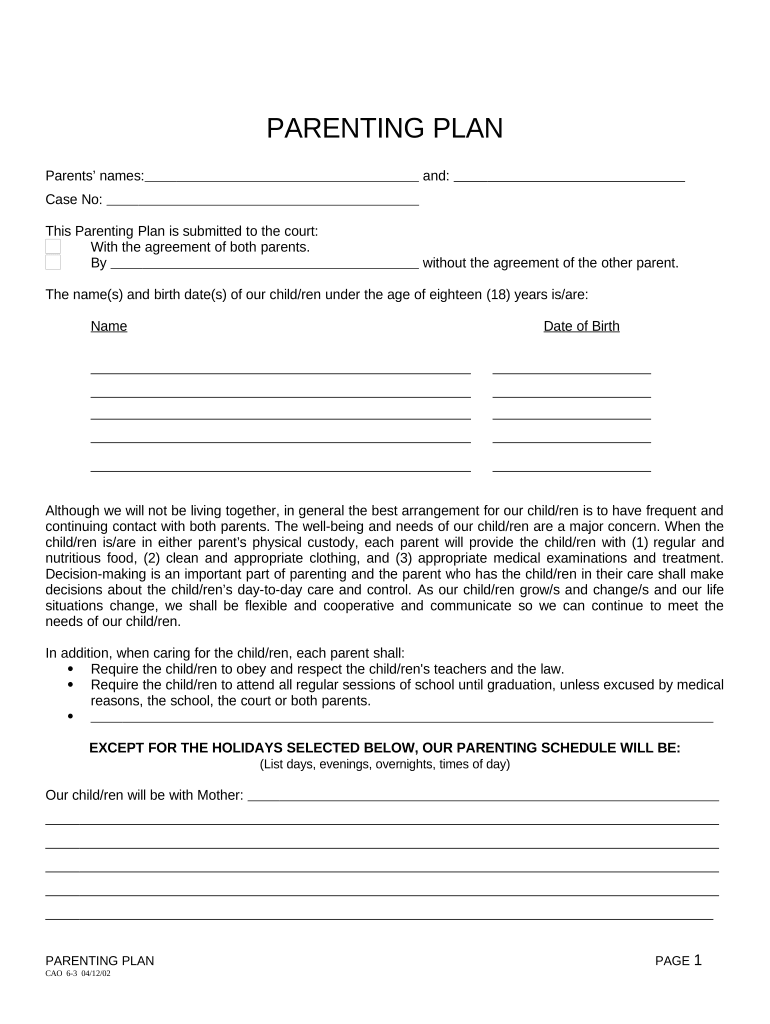 Idaho Parenting Plan Fill Out Sign Online DocHub