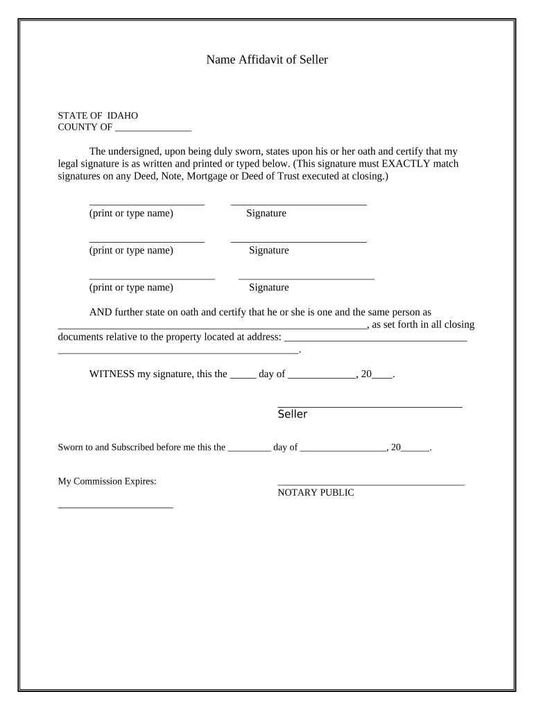 Name Affidavit of Seller - Idaho Preview on Page 1.