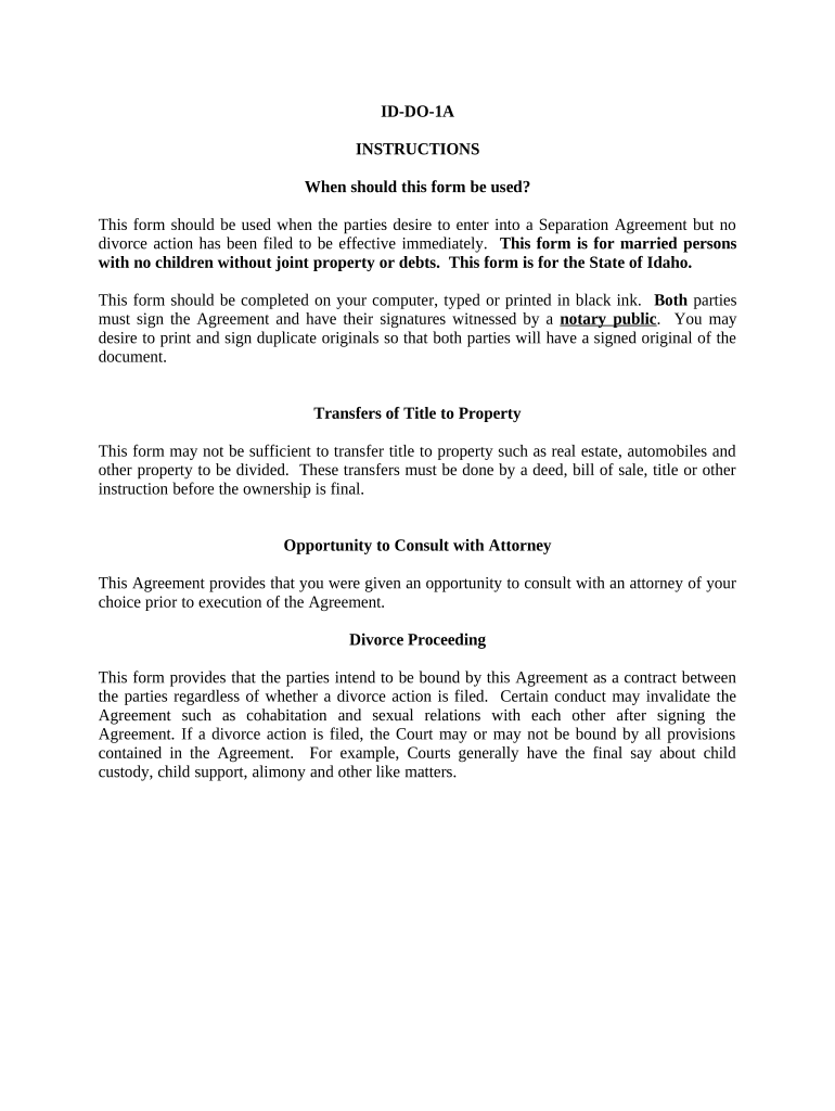 Marital Legal Separation and Property Settlement Agreement for persons with no Children, no Joint Property, or Debts Effective Immediately - Idaho Preview on Page 1