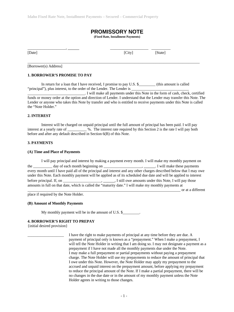 Installments Fixed Rate Promissory Note Secured by Commercial Real Estate for Idaho - Idaho Preview on Page 1