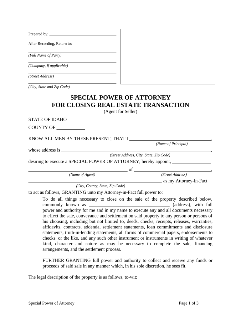 Special or Limited Power of Attorney for Real Estate Sales Transaction By Seller - Idaho Preview on Page 1