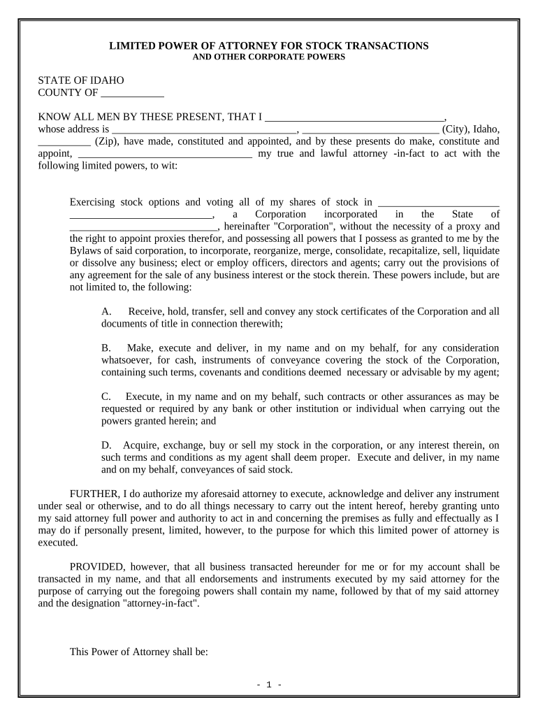 Limited Power of Attorney for Stock Transactions and Corporate Powers - Idaho Preview on Page 1