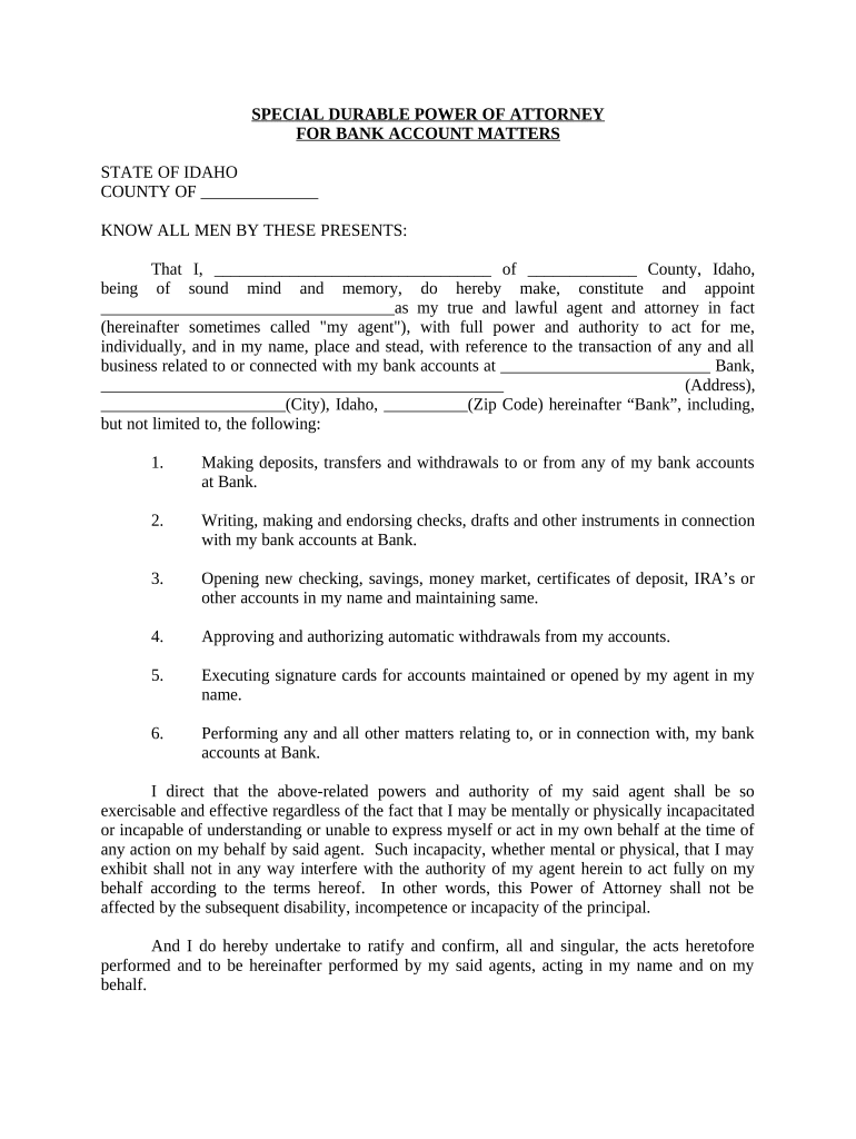 Special Durable Power of Attorney for Bank Account Matters - Idaho Preview on Page 1