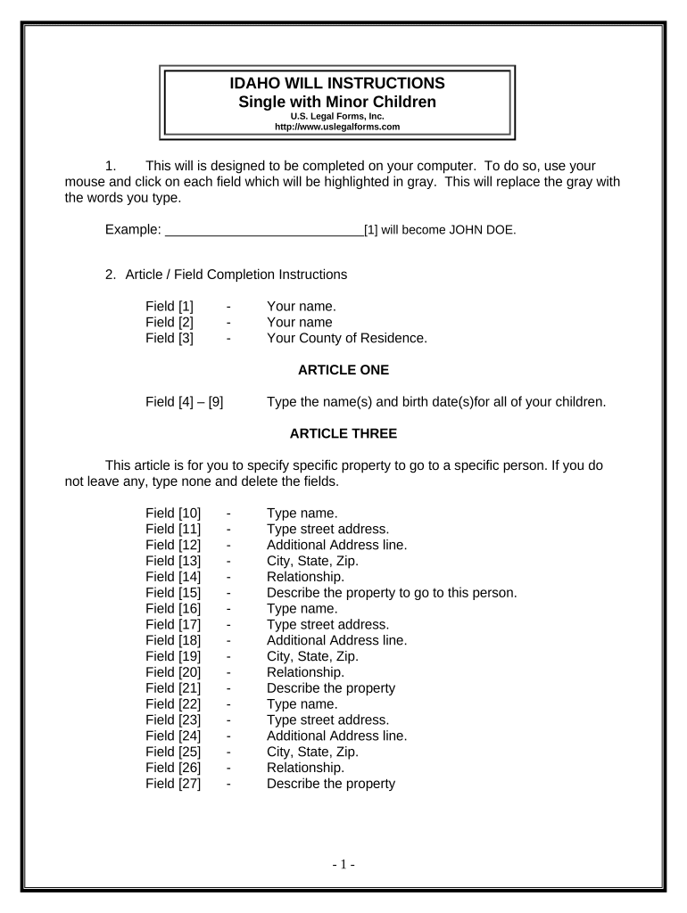 Legal Last Will and Testament Form for a Single Person with Minor Children - Idaho Preview on Page 1