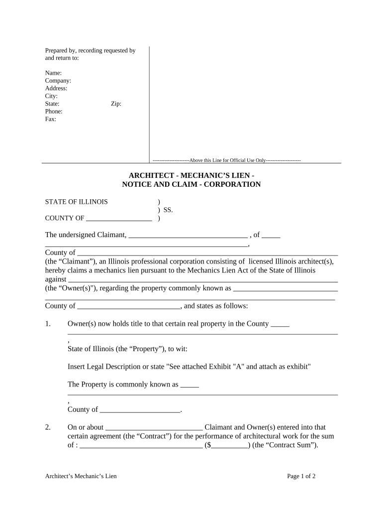 Architect - Mechanic&#039;s Lien - Notice and Claim - Corporation or LLC - Illinois Preview on Page 1