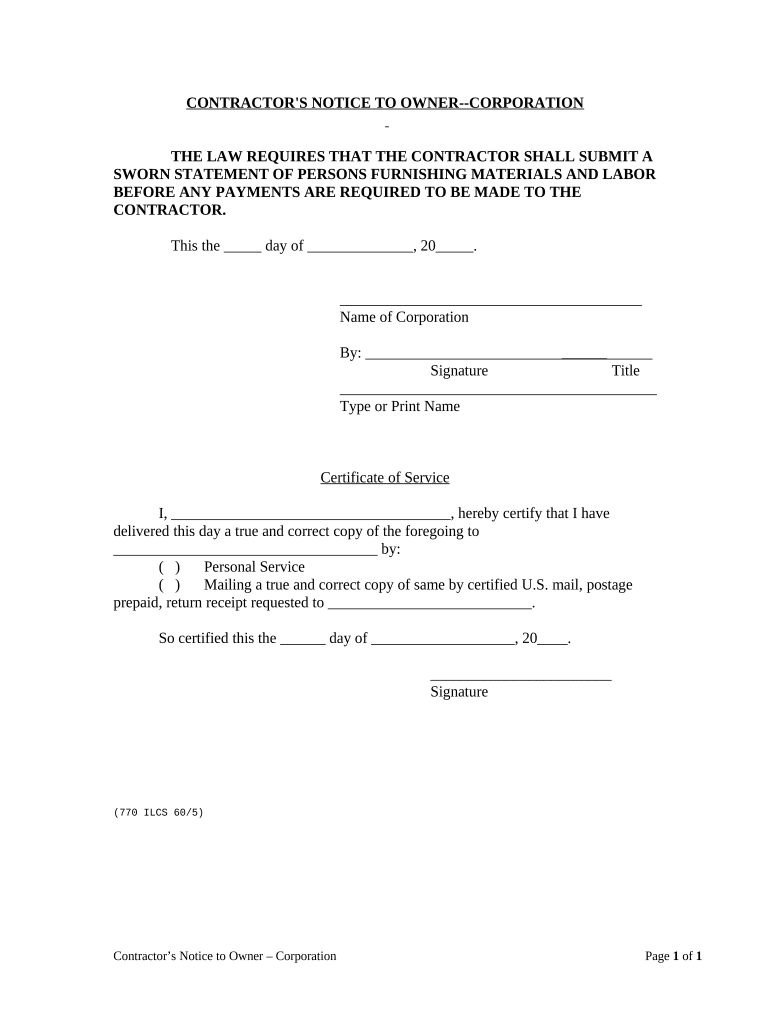 Contractor&#039;s Notice to Owner about Disclosure of Labor and Materials - Mechanic Liens - Corporation or LLC - Illinois Preview on Page 1