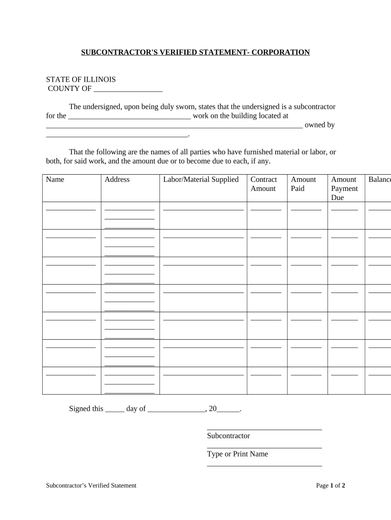 Subcontractor&#039;s Verified Statement - Mechanic Liens - Corporation or LLC - Illinois Preview on Page 1.