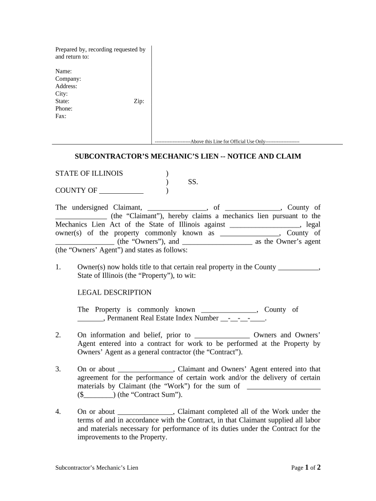 Subcontractor&#039;s Lien - Notice of Claim - Mechanic Liens - Individual - Illinois Preview on Page 1