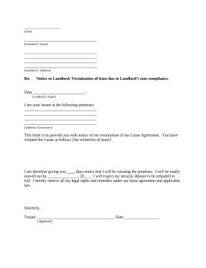 Letter from Tenant to Landlord containing Notice of termination for landlord&#039;s noncompliance with possibility to cure - Illinois