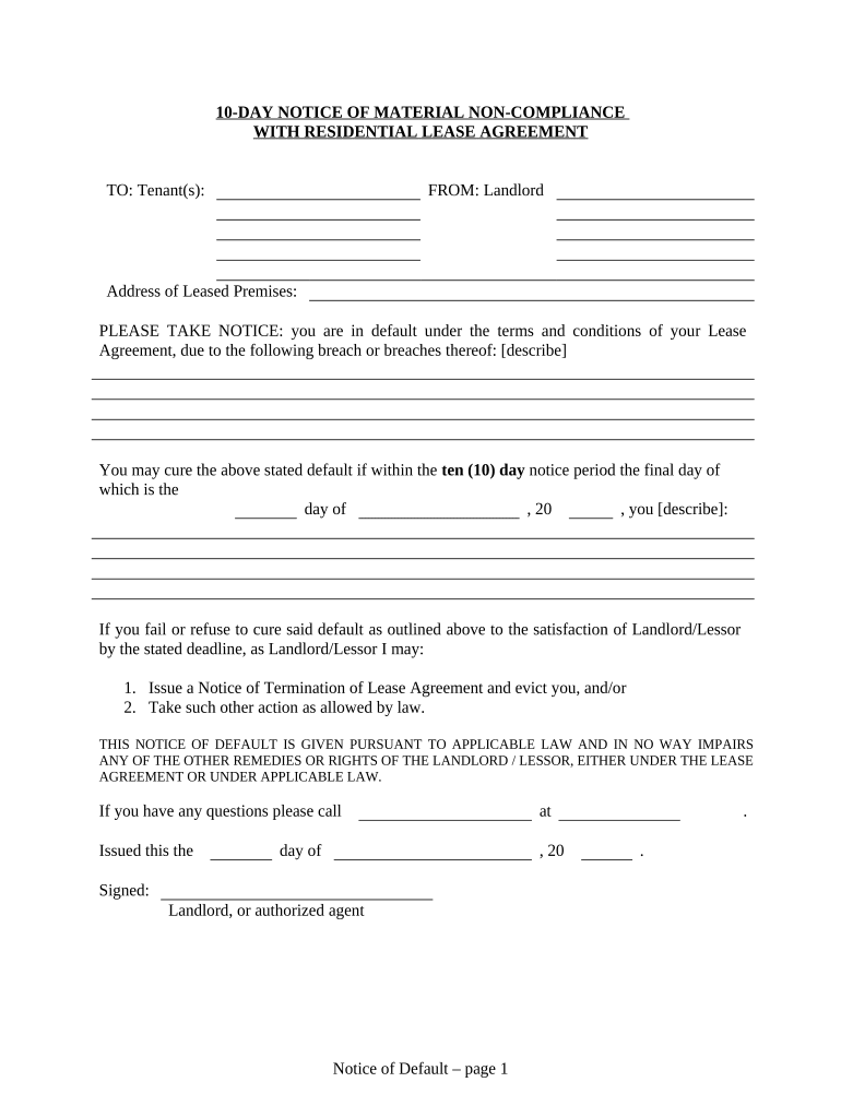 10 day Notice of Material Noncompliance with Lease or Rental Agreement - Residential - 10 days to Cure - Illinois Preview on Page 1.