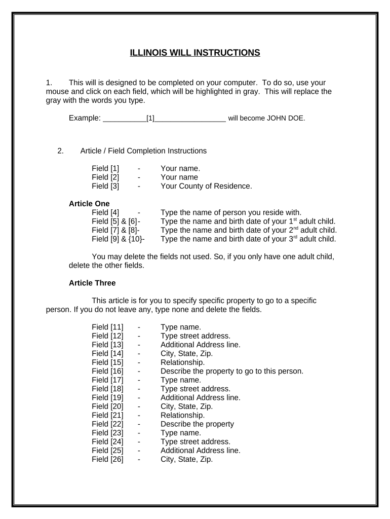 Mutual Wills Package of Last Wills and Testaments for Unmarried Persons living together with Adult Children - Illinois Preview on Page 1