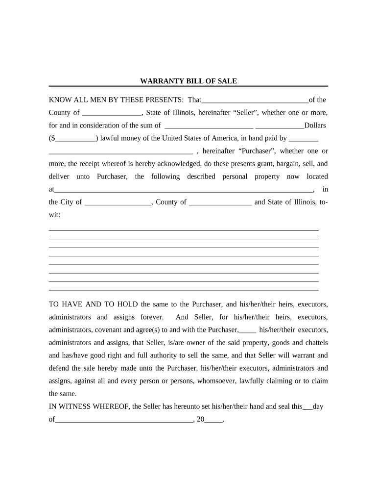 Bill of Sale with Warranty by Individual Seller - Illinois Preview on Page 1