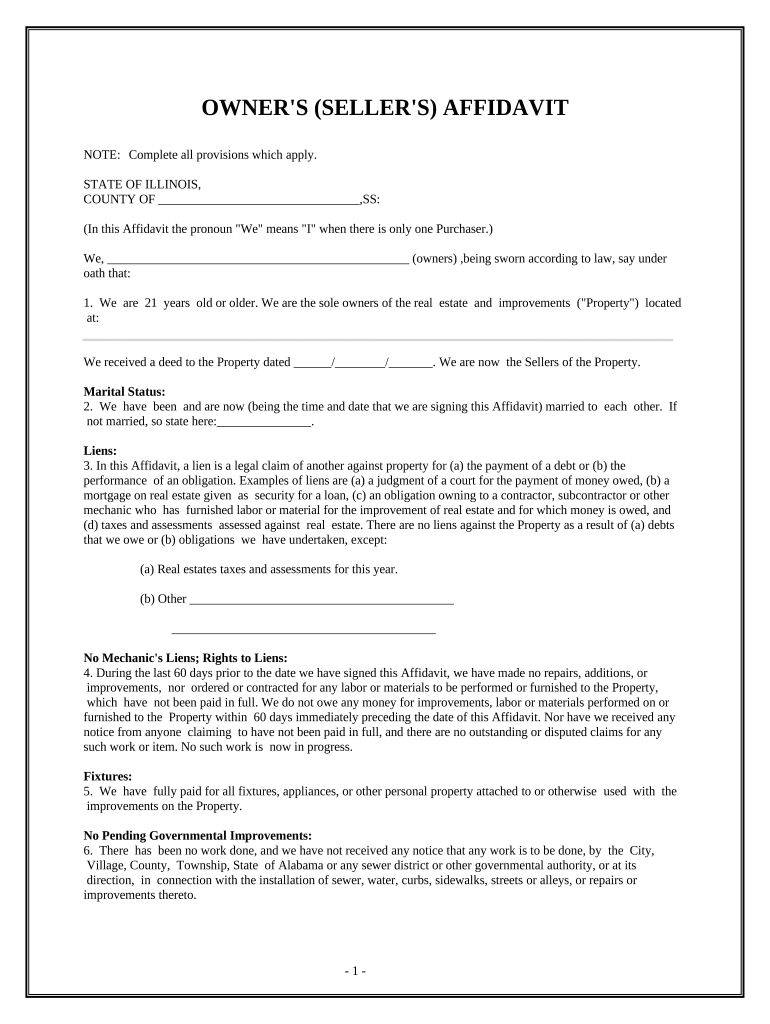 Owner&#039;s or Seller&#039;s Affidavit of No Liens - Illinois Preview on Page 1.