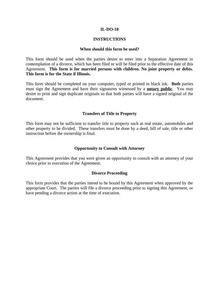 Marital Legal Separation and Property Settlement Agreement Minor Children no Joint Property or Debts where Divorce Action Filed - Illinois Preview on Page 1