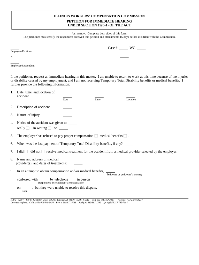 Petition for Immediate Hearing for Workers' Compensation - Illinois Preview on Page 1