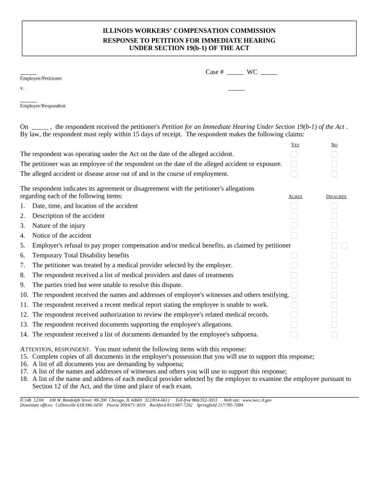 Response to Petition for Immediate Hearing for Workers' Compensation - Illinois Preview on Page 1.