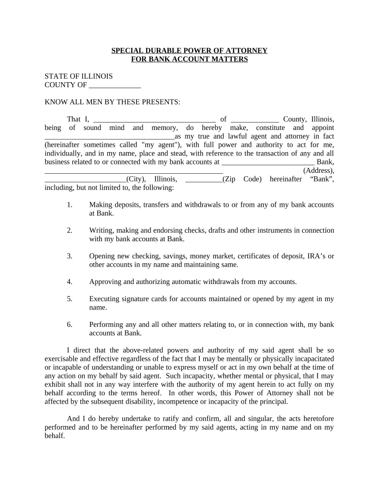 Special Durable Power of Attorney for Bank Account Matters - Illinois Preview on Page 1.