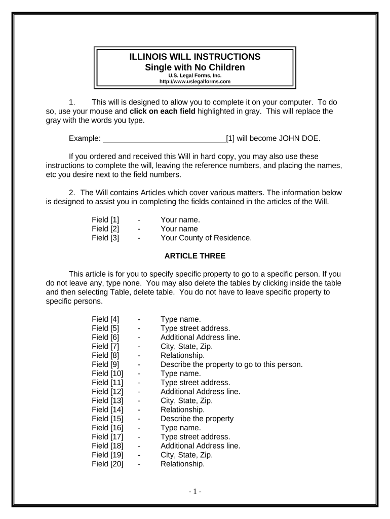 Legal Last Will and Testament Form for Single Person with No Children - Illinois Preview on Page 1