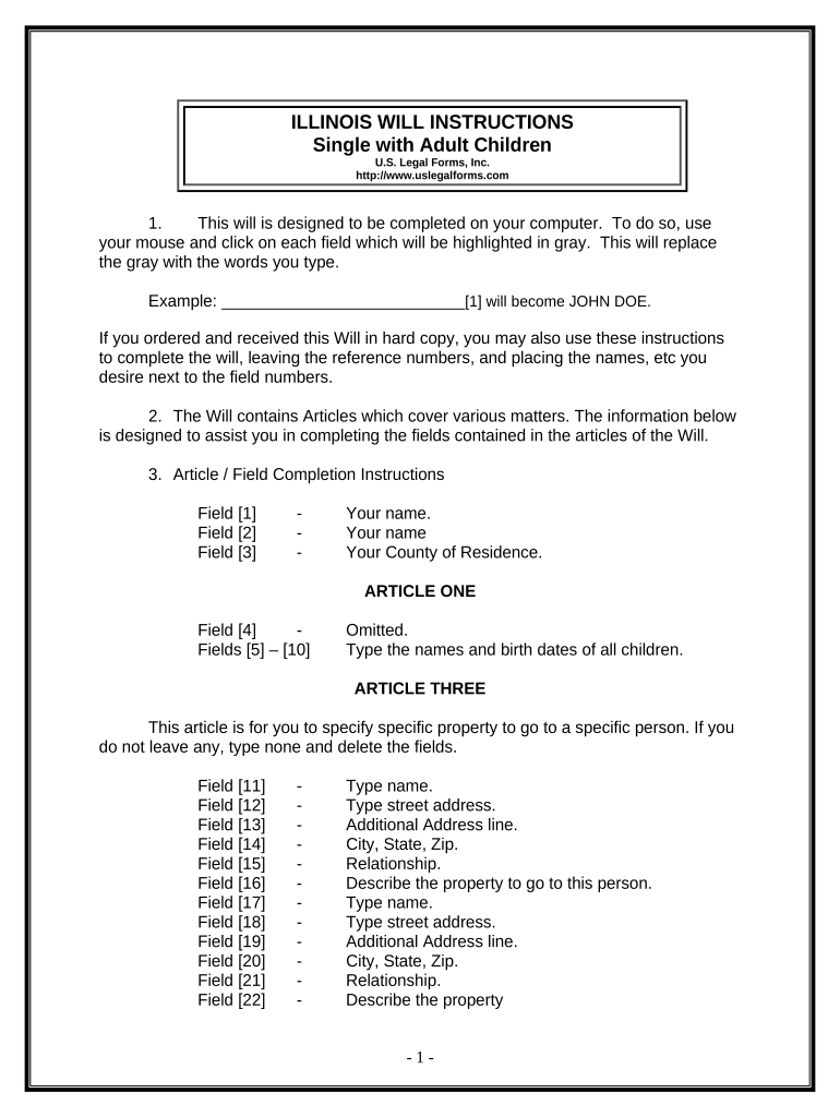 Legal Last Will and Testament Form for Single Person with Adult Children - Illinois Preview on Page 1