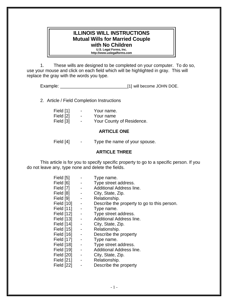 Mutual Wills package with Last Wills and Testaments for Married Couple with No Children - Illinois Preview on Page 1