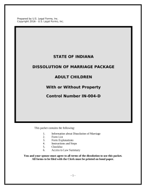 No-Fault Uncontested Agreed Divorce Package for Dissolution of Marriage with Adult Children and with or without Property and Debts - Indiana