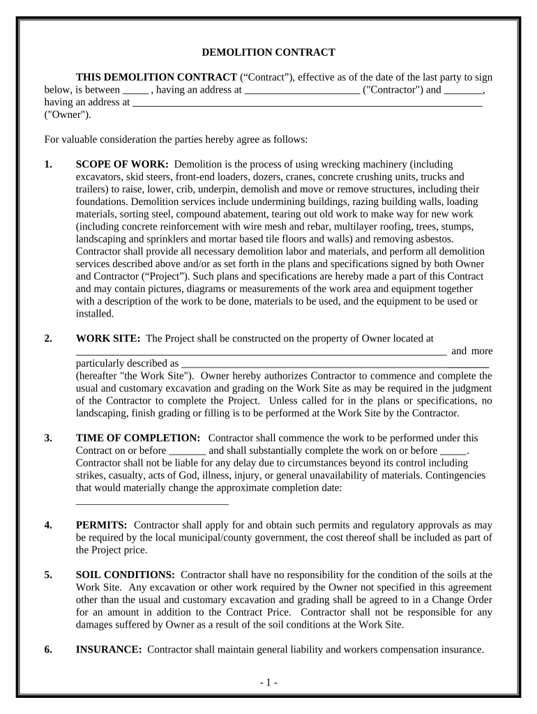 Demolition Contract for Contractor - Indiana Preview on Page 1