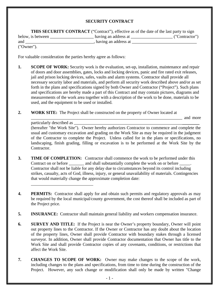 Security Contract for Contractor - Indiana Preview on Page 1