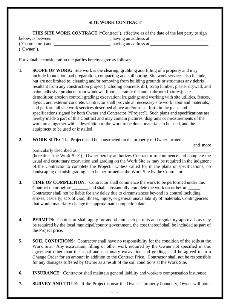 Site Work Contract for Contractor - Indiana Preview on Page 1