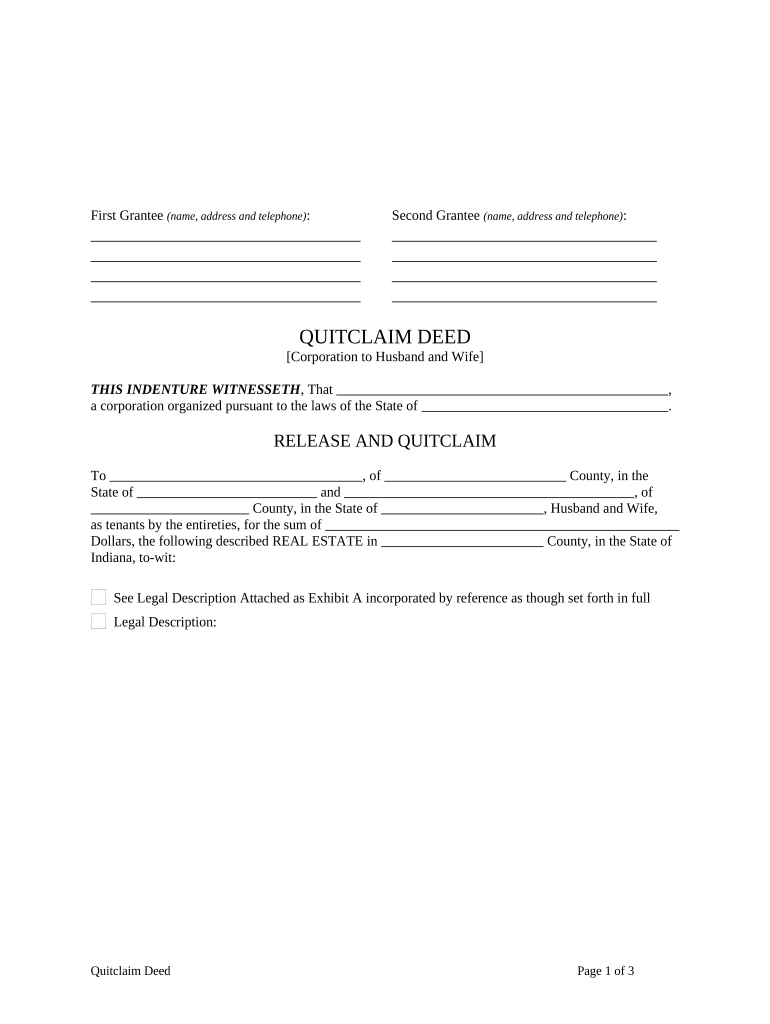 Quitclaim Deed from Corporation to Husband and Wife - Indiana Preview on Page 1.