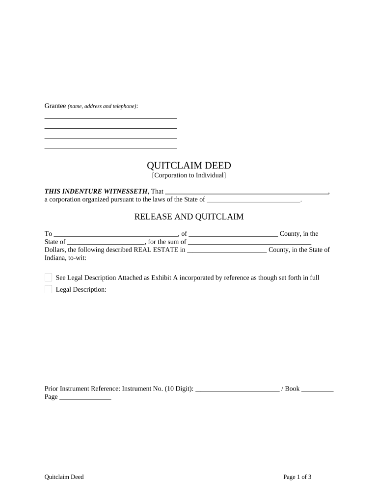 Quitclaim Deed from Corporation to Individual - Indiana Preview on Page 1.