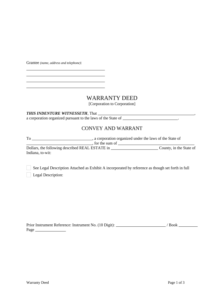 Warranty Deed from Corporation to Corporation - Indiana Preview on Page 1.