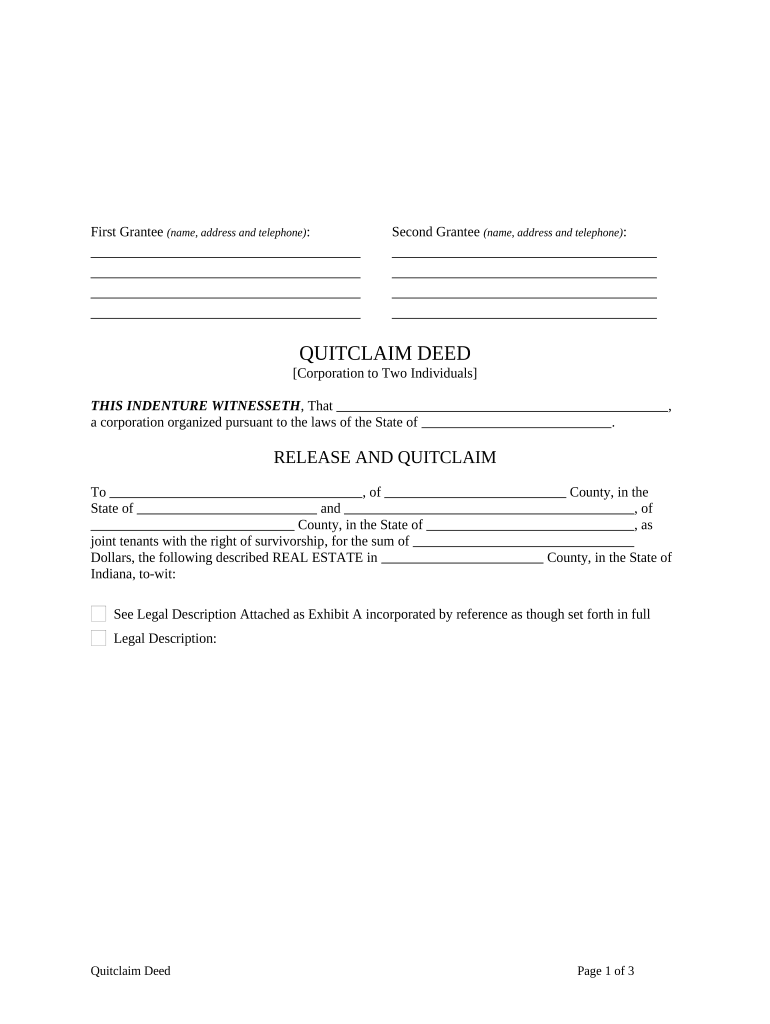 Quitclaim Deed from Corporation to Two Individuals - Indiana Preview on Page 1