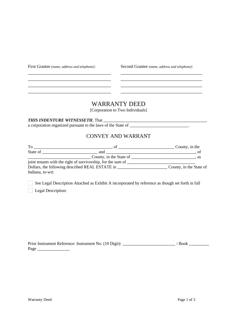 Warranty Deed from Corporation to Two Individuals - Indiana Preview on Page 1