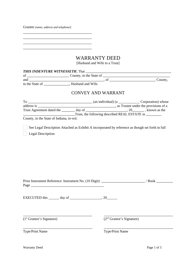 Warranty Deed from Husband and Wife to a Trust - Indiana Preview on Page 1.