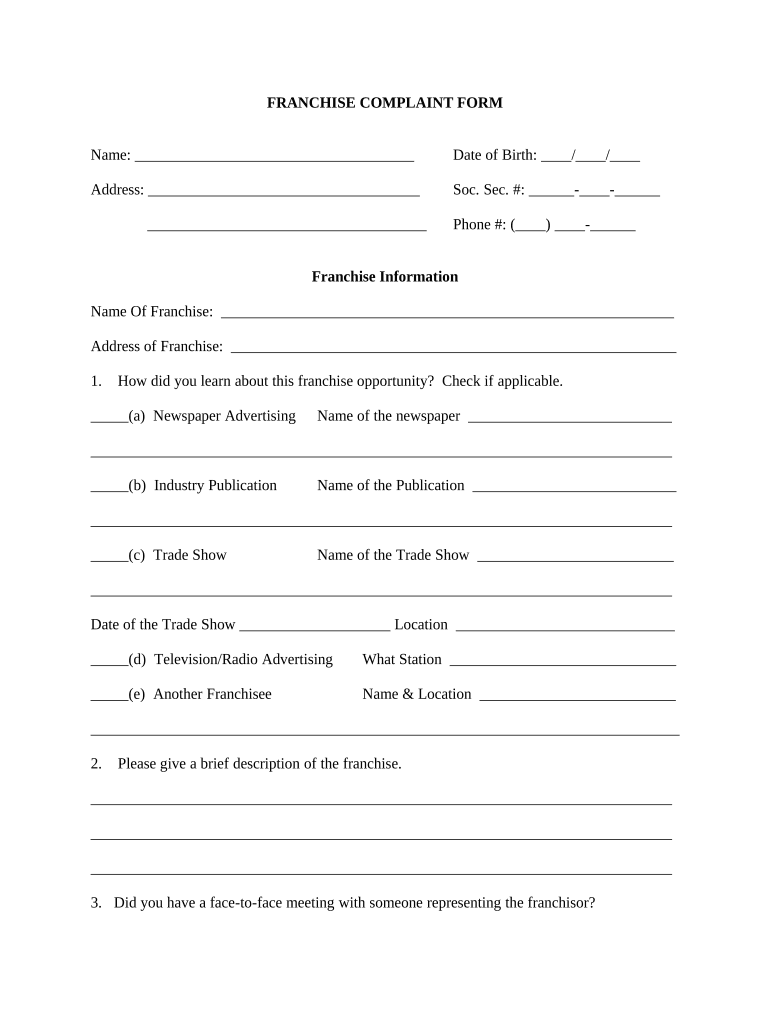 Franchise Complaint Form - Indiana Preview on Page 1