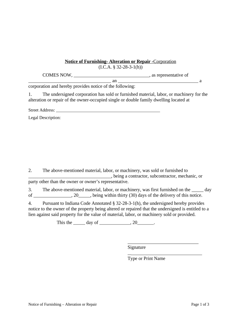 Notice of Furnishing - Alteration or Repair - Corporation or LLC - Indiana Preview on Page 1