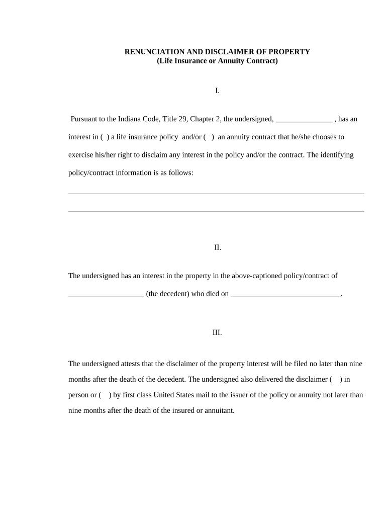 Indiana Renunciation and Disclaimer of Property from Life Insurance or Annuity Contract - Indiana Preview on Page 1