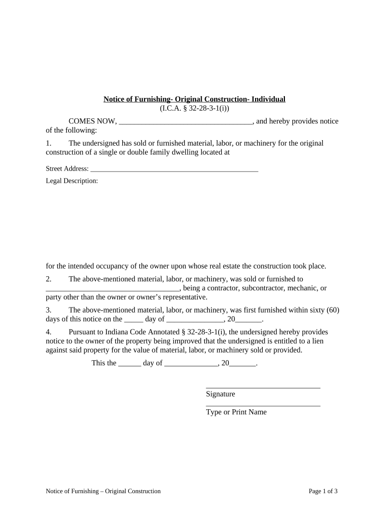 Notice of Furnishing - Original Construction - Individual - Indiana Preview on Page 1.