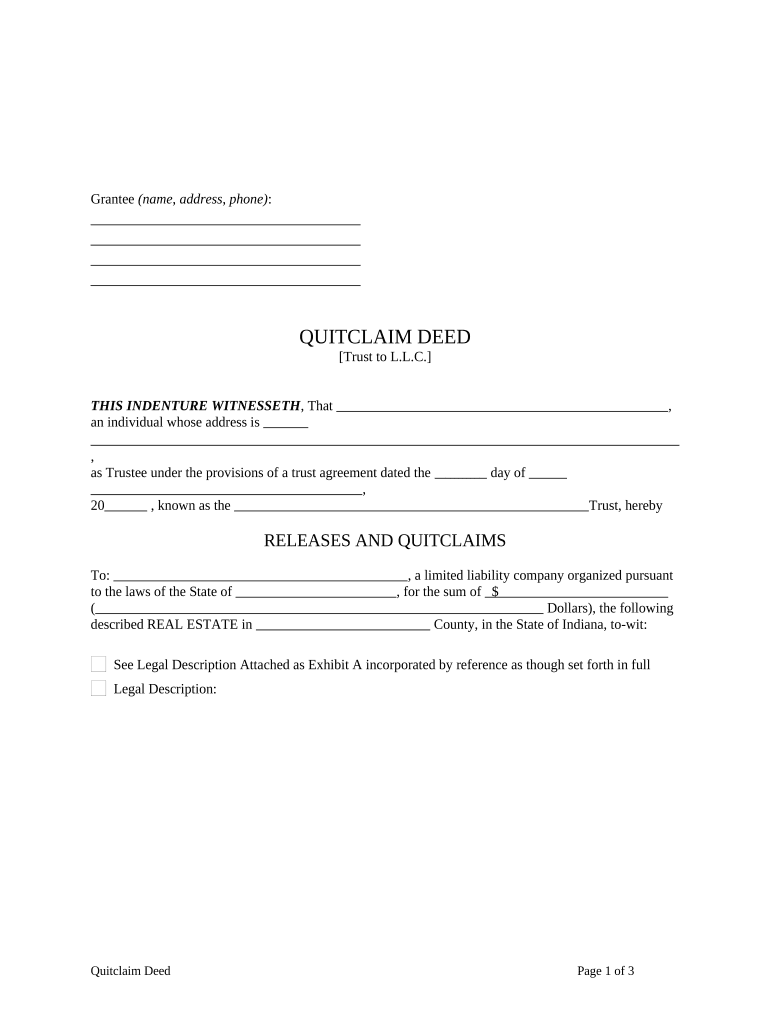 indiana quit claim deed template Preview on Page 1