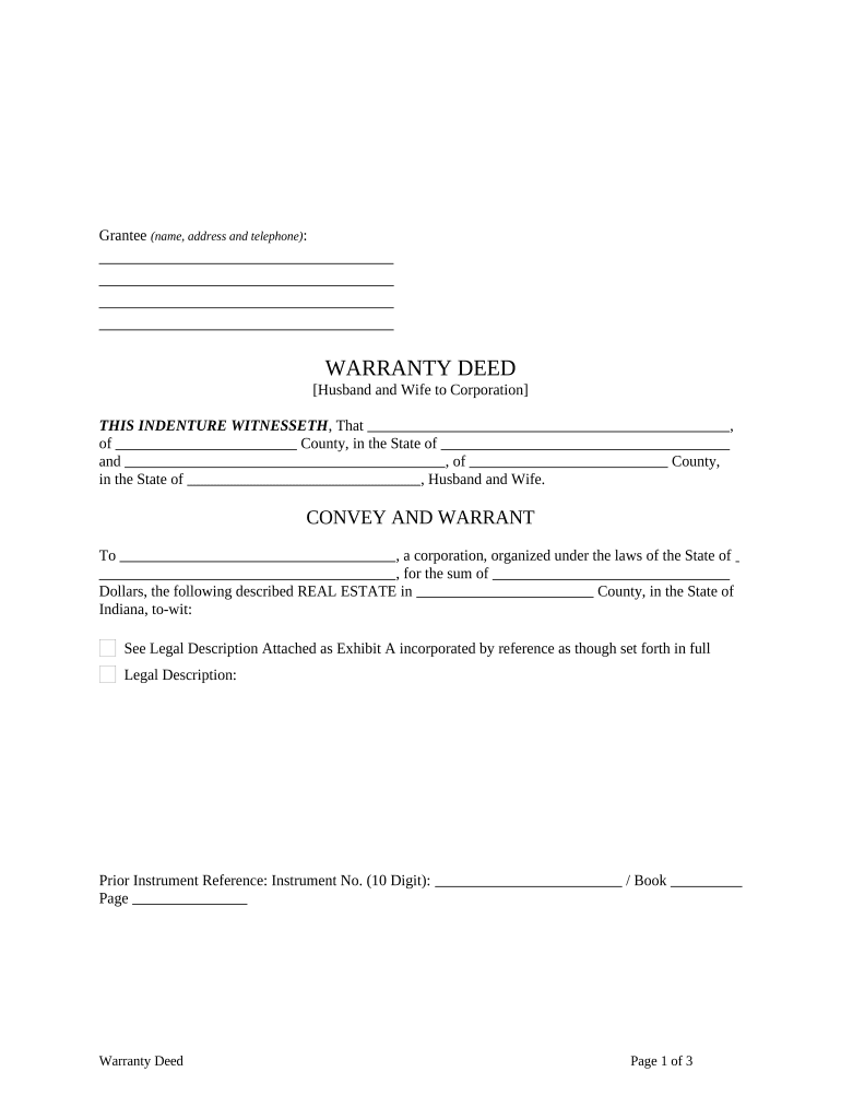 Warranty Deed from Husband and Wife to Corporation - Indiana Preview on Page 1