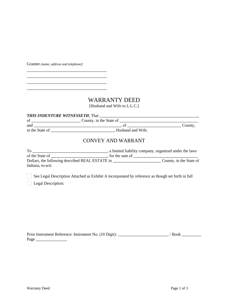 Warranty Deed from Husband and Wife to LLC - Indiana Preview on Page 1