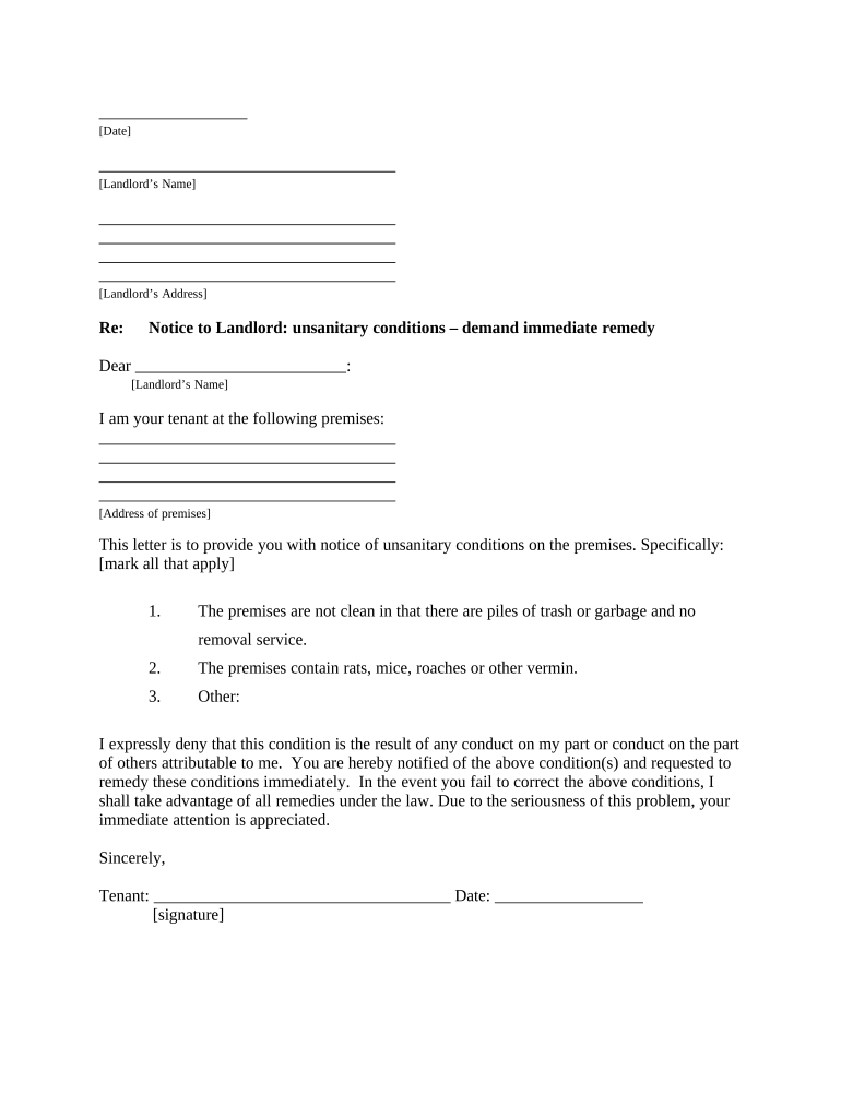 Letter from Tenant to Landlord with Demand that landlord remove garbage and vermin from premises - Indiana Preview on Page 1