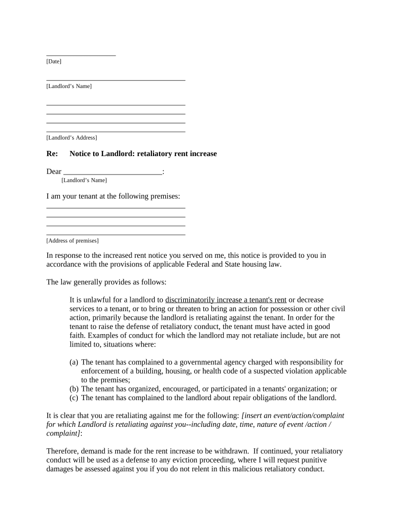 Letter from Tenant to Landlord containing Notice to landlord to withdraw retaliatory rent increase - Indiana Preview on Page 1.